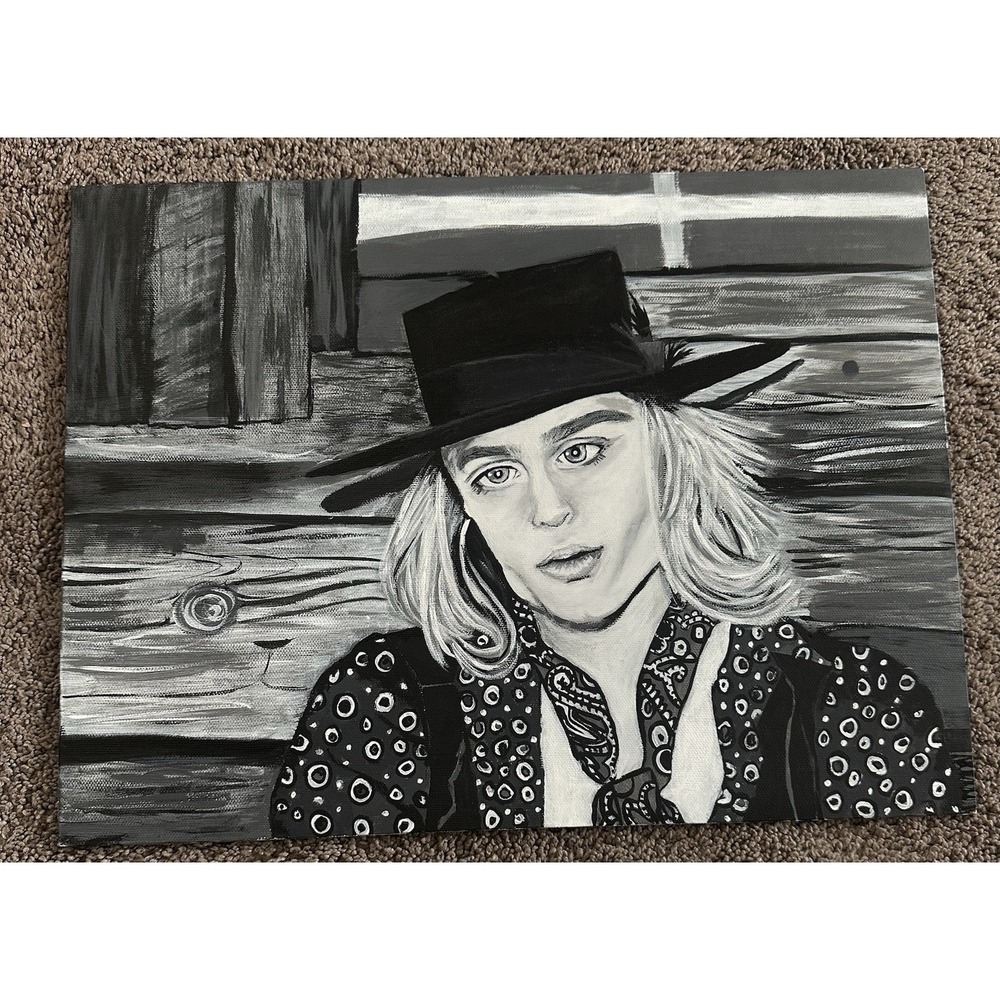 Original Hand Painted Portrait Black White 12x16 Canvas Board Pop Art Painting